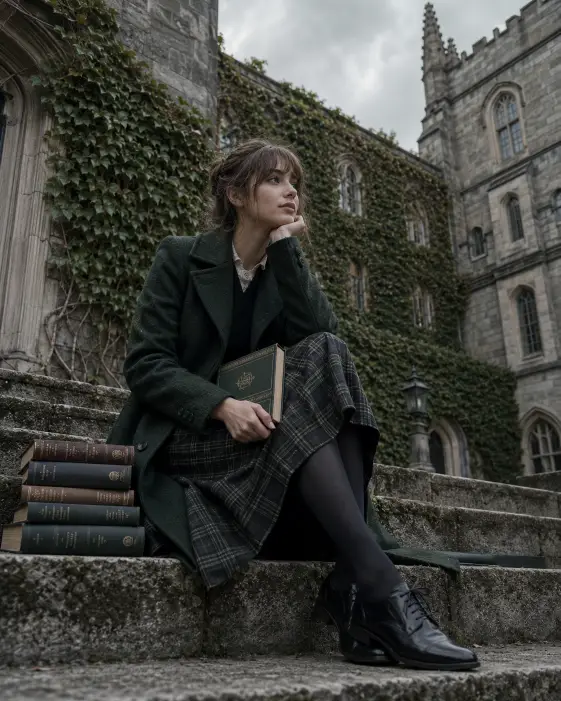 Create a photo of a young woman sitting on weathered stone steps outside an old university building, a stack of hardcover books beside her and one held loosely in her lap. She is wearing a long dark green wool coat over a pleated plaid skirt, black tights, and polished leather oxford shoes. Her posture is relaxed with one elbow resting on her knee, looking thoughtfully off to the side. Behind her, ivy climbs across grey gothic stone walls under a soft grey sky. The camera is positioned slightly low, shooting up toward her. Cool muted greens and stony greys fill the frame. Use aspect ratio 4:5.