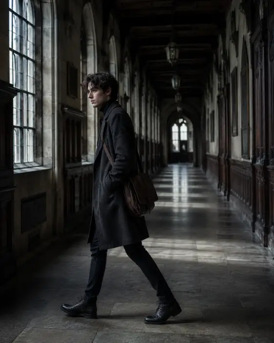 Create a photo of a young man walking down a long, dim university corridor lined with tall arched windows and old wooden doors, captured mid-stride in a side profile. He is wearing a black turtleneck under a dark grey overcoat, slim trousers, and leather boots, with a worn leather satchel slung across his body. His expression is serious and distant. Soft daylight filters through the windows along one side, creating pools of light on the stone floor. The camera is at hip height, shooting down the length of the hallway for depth. Muted cool tones with long shadows. Use aspect ratio 4:5.