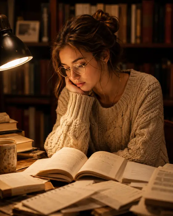 Create a close-up portrait of a young woman sitting at a cluttered wooden table covered in open books and loose papers, resting her chin on one hand while reading intently. She is wearing a soft oatmeal cable-knit sweater with a thin gold chain visible at the collar, and round vintage glasses. Her hair is pulled into a low messy bun. A small reading lamp casts warm light across the pages and her face. The background is a blurred wall of dark bookshelves. Shoot at eye level with a shallow depth of field. Warm honey and brown tones give it a cozy, studious feel. Use aspect ratio 4:5.
