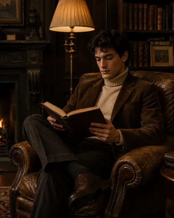 Create a portrait of a young man relaxed in a worn leather armchair in a dark wood-paneled room, one ankle resting over the opposite knee and an open book held in both hands. He is wearing a brown corduroy blazer over a beige roll-neck jumper with dark trousers. His expression is calm and focused on the page. A tall floor lamp behind him casts a soft warm glow, and the background shows a fireplace and shelves of leather-bound volumes in shadow. The camera is at eye level, slightly to the side. Rich warm browns and deep shadows set a refined, scholarly mood. Use aspect ratio 4:5.