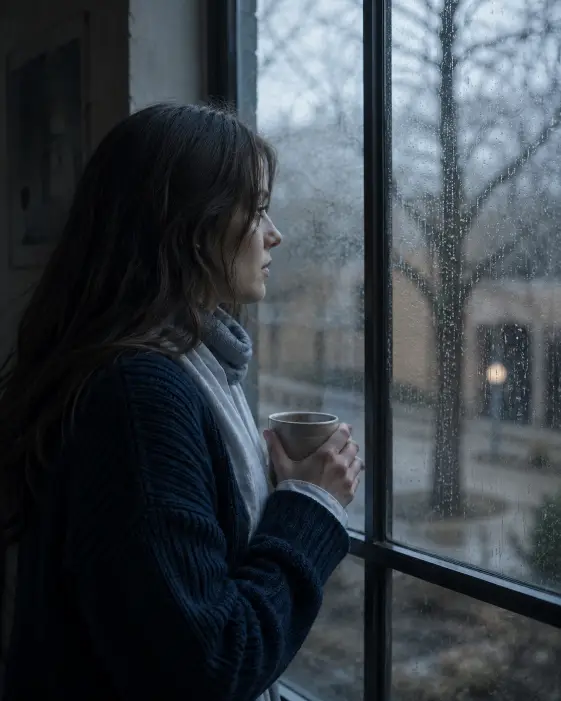 Create a photo of a young woman standing close to a tall window streaked with rain, holding a warm cup of tea in both hands and gazing out thoughtfully. She is wearing a dark navy knitted cardigan over a white blouse with a soft scarf around her neck. Her hair falls loosely over her shoulders. The light is soft and cool, coming through the rainy glass and falling gently across her face. The background outside the window is a blurred grey courtyard with bare trees. The camera is at eye level, slightly behind her shoulder. Muted blue-grey tones create a quiet, melancholic mood. Use aspect ratio 4:5.