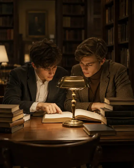 Create a photo of two young students sitting close together at a long library table, both leaning over the same open book with focused expressions, one pointing at a passage. One wears a dark grey blazer over a white shirt and the other a brown turtleneck under a tweed jacket. Stacks of books and a single brass lamp sit between them. Soft warm light from the lamp falls across their faces while the rest of the library fades into shadow. The camera is at eye level, framing both of them. Warm sepia and brown tones give it a timeless academic feel. Use aspect ratio 4:5.