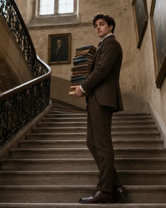 Create a photo of a young man standing on a wide stone staircase inside an old academic building, holding a tall stack of hardcover books against his chest and looking back over his shoulder toward the camera. He is wearing a dark brown tweed three-piece suit with a pocket watch chain and polished brogues. His posture is upright and composed. The grand stairway curves behind him with iron railings and faded portraits on the walls. Soft daylight comes from a high window above. The camera is slightly below him, shooting up. Muted warm browns and stony greys fill the frame. Use aspect ratio 4:5.