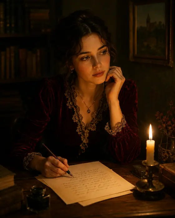 Create an intimate portrait of a young woman writing a letter at a small wooden desk by candlelight, holding an old fountain pen with a thoughtful expression as she pauses mid-sentence. She is wearing a deep burgundy velvet blouse with lace detailing at the collar and her hair pinned up softly. The single candle flame lights her face and hands warmly while the rest of the room sits in deep shadow. The background hints at a bookshelf and a small framed painting. The camera is at chest height, angled gently down toward the desk. Warm golden and dark amber tones create a soft, romantic mood. Use aspect ratio 4:5.