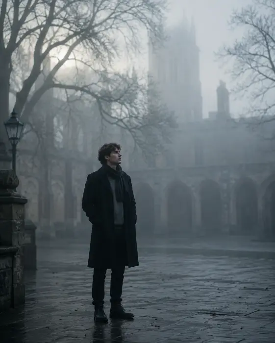 Create a photo of a young man standing alone in a misty stone courtyard of an old university at dawn, hands tucked into the pockets of his long dark coat, looking off into the fog. He is wearing a black wool overcoat over a grey sweater, dark trousers, and leather boots, with a scarf wrapped around his neck. His expression is quiet and contemplative. Gothic stone archways and bare trees fade into the heavy fog behind him. Soft pale light filters through the mist. The camera is at eye level, shooting from a slight distance to capture the empty space around him. Muted cool greys and soft blues set a lonely, atmospheric mood. Use aspect ratio 4:5.