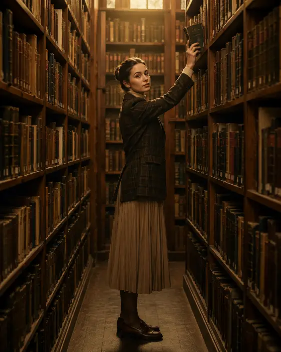 Create a photo of a young woman standing in a narrow aisle between towering wooden bookshelves in an old library, reaching up to pull a book from a high shelf while glancing toward the camera. She is wearing a dark plaid blazer over a cream turtleneck and a long pleated skirt with leather loafers. Her hair is tied back neatly. Warm light filters down from above, catching the dust in the air and the spines of the old books. The shelves stretch up and out of frame on both sides. The camera is at eye level, looking down the aisle. Warm brown and golden tones give it a rich, scholarly atmosphere. Use aspect ratio 4:5.