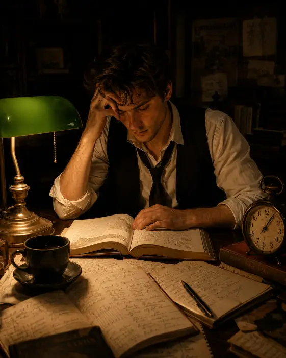 Create a moody photo of a young man studying late at night at a desk piled with open books and handwritten notes, rubbing his temple with one hand while reading. He is wearing a loosened white shirt with rolled sleeves and a dark waistcoat, his tie hanging undone. A single green-shaded banker's lamp lights the desk warmly while the rest of the room is dark. A cup of coffee and an old clock sit nearby. The camera is at chest height, angled slightly down across the desk. Deep warm amber light with heavy surrounding shadow creates a tired, focused mood. Use aspect ratio 4:5.