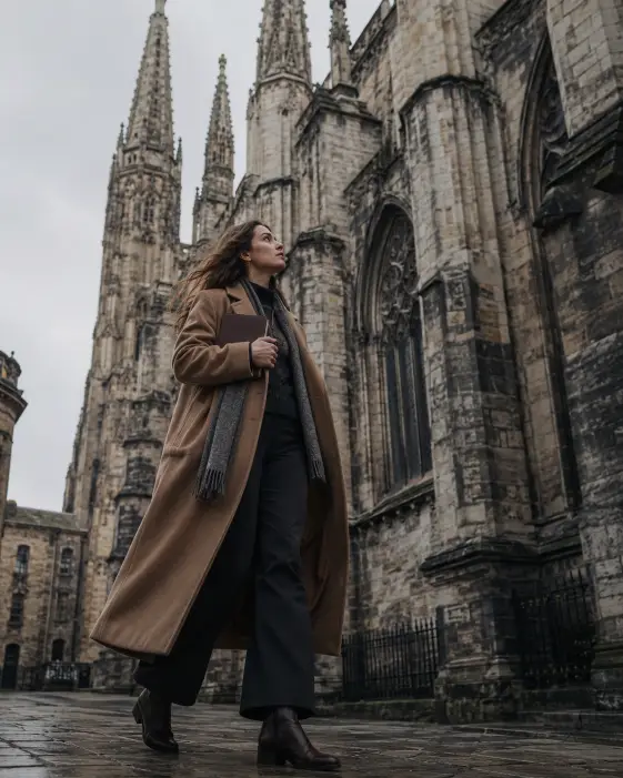Create a photo of a young woman walking slowly past an old stone cathedral, holding a closed book against her chest and looking up at the architecture. She is wearing a long camel wool coat over a dark sweater and trousers with leather ankle boots, a soft scarf draped around her neck. Her hair moves slightly in the cool air. Behind her, tall gothic spires and carved stone rise into a soft grey sky. The camera is positioned low, capturing both her and the towering building above. Muted earthy browns and cool stone greys fill the frame. Use aspect ratio 4:5.