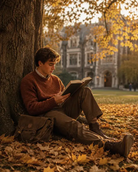 Create a photo of a young man sitting against the trunk of a large old tree on a university lawn in autumn, an open book resting on one bent knee as he reads. He is wearing a rust-colored knit sweater over a collared shirt, brown trousers, and leather boots, with a satchel beside him. Fallen golden leaves cover the ground around him. Soft, hazy afternoon light filters through the branches above. The background shows an old stone building blurred behind the trees. The camera is at eye level, slightly to the side. Warm autumnal browns, golds, and muted greens create a cozy, peaceful mood. Use aspect ratio 4:5.