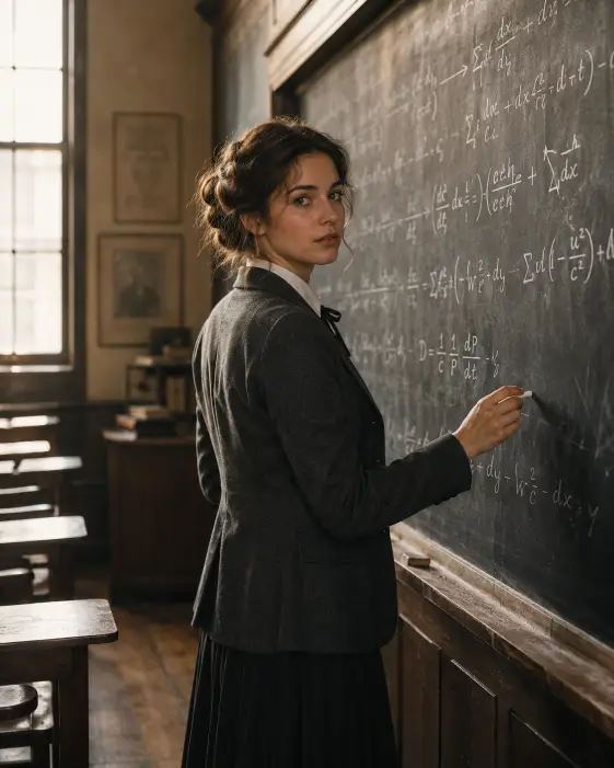 Create a photo of a young woman standing at a large old chalkboard covered in handwritten equations, holding a piece of chalk and glancing back toward the camera mid-thought. She is wearing a dark grey blazer over a white blouse with a thin black ribbon tie and a long skirt. Her hair is pinned up neatly. Warm light from tall classroom windows falls across the board and her face. The background shows rows of empty wooden desks fading into soft shadow. The camera is at eye level, slightly off to the side. Muted warm tones with soft chalk dust in the air give it a classic academic feel. Use aspect ratio 4:5.