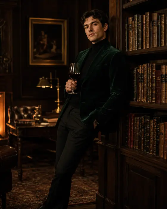 Create a portrait of a young man standing in a dark wood-paneled study holding a glass of red wine, leaning casually against a tall bookshelf with one hand in his trouser pocket. He is wearing a dark green velvet blazer over a black turtleneck with slim-fit trousers and leather shoes. His expression is composed and quietly confident. A warm fireplace glows somewhere off frame, lighting one side of his face. The background is lined with leather-bound books and a brass desk lamp in soft focus. The camera is at eye level, slightly angled. Rich deep greens, warm amber light, and soft shadows create an elegant, refined mood. Use aspect ratio 4:5.