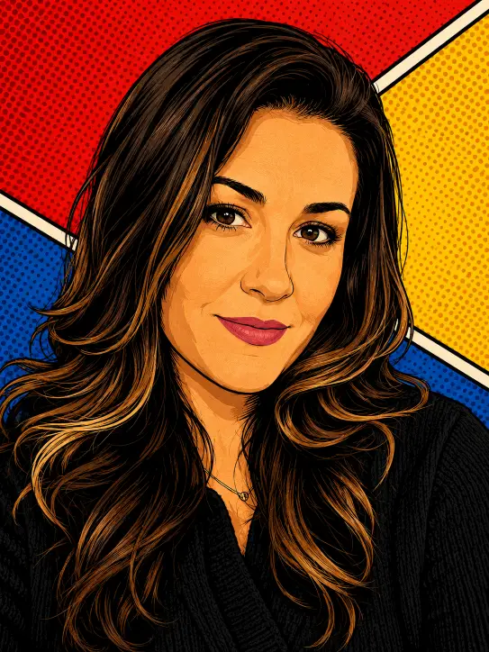Create a pop art comic book illustration of the person in this photo. Use thick bold black ink outlines, flat cel-shaded coloring, and a vintage comic aesthetic. Apply a Ben-Day halftone dot pattern in the background with geometric color blocks in red, blue, and yellow arranged in diagonal sections. Keep facial features clean and stylized while preserving the likeness. Use warm skin tones with subtle shading and detailed hair line work. Maintain the same pose and clothing from the original photo. High contrast lighting, flat 2D illustration. Use aspect ratio 3:4.