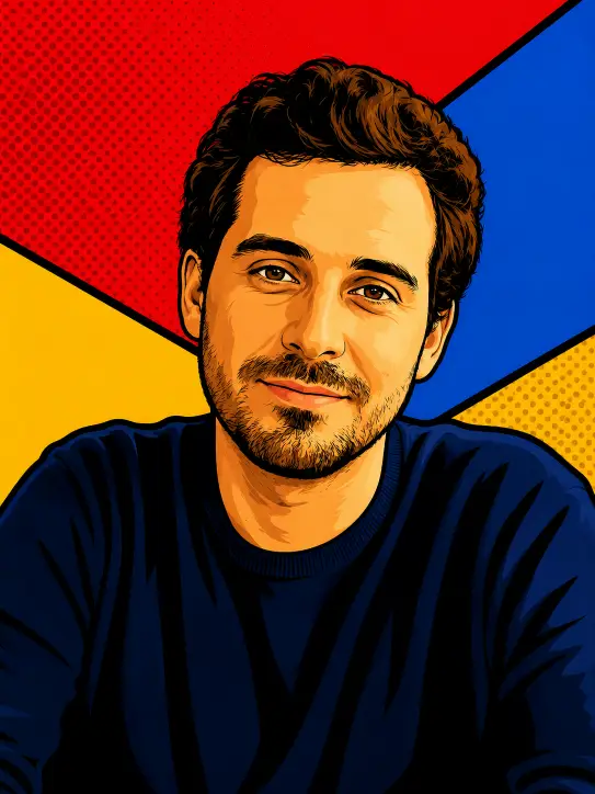 Create a bold pop art poster illustration of the person in this photo. Use heavy black outlines and flat saturated coloring with a retro comic style. Fill the background with large angular geometric blocks in bright red, cobalt blue, and golden yellow, separated by clean diagonal lines. Add a halftone dot texture over two of the color sections. Keep the face stylized but recognizable with smooth shading. Preserve the original pose and outfit. Strong graphic contrast, flat illustration style. Use aspect ratio 3:4.