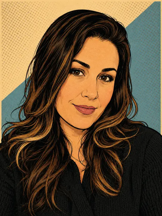 Create a vintage pop art portrait of the person in this photo with a soft faded color palette. Use clean black ink outlines and flat shading in the style of old comic books. The background should have a warm cream and dusty blue color block layout with a subtle halftone dot pattern. Render the hair with detailed line work and keep skin tones natural and warm. Maintain the same pose and clothing as the original. Muted retro coloring, flat 2D comic illustration. Use aspect ratio 3:4.