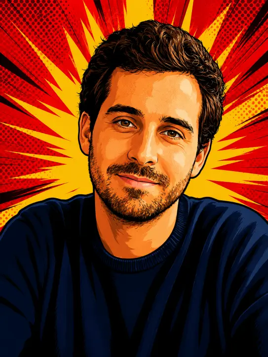 Create a high energy pop art illustration of the person in this photo. Use bold black comic outlines and flat vivid coloring. Place a dramatic starburst of radiating lines behind the subject in red and yellow, with a halftone dot overlay filling the corners. Keep the facial features sharp and stylized while preserving the likeness. Use confident shading on the skin and detailed strokes in the hair. Keep the original pose and outfit intact. Dynamic comic book style, flat 2D art. Use aspect ratio 3:4.