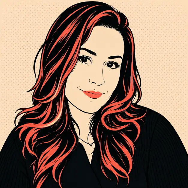 Create a minimal pop art portrait of the person in this photo using a limited two-tone color scheme. Use crisp black outlines and flat coloring in a single bold accent color against a soft neutral background with a light halftone dot texture. Keep the face simple and stylized but clearly recognizable. Render the hair with clean confident lines. Preserve the original pose and clothing. Modern minimal comic style, flat 2D illustration. Use aspect ratio 1:1.