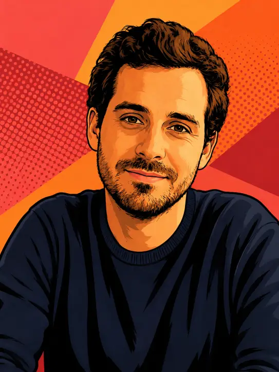 Create a pop art comic illustration of the person in this photo using a warm sunset color palette of orange, coral pink, and deep red. Use thick black ink outlines and flat cel-shaded coloring. Fill the background with angular color blocks in these warm tones and add a halftone dot pattern over part of it. Keep the face stylized and recognizable with soft warm shading. Maintain the original pose and outfit. Warm retro comic style, flat 2D art. Use aspect ratio 3:4.