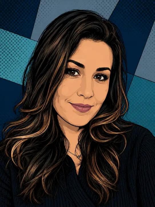 Create a graphic novel style pop art portrait of the person in this photo using a cool color palette of deep blue, teal, and slate gray. Use strong black outlines and flat shading with sharp contrast. The background should feature geometric blocks in cool tones with a subtle halftone dot overlay. Keep the facial features clean and stylized while preserving the likeness. Render the hair with detailed ink work. Maintain the same pose and clothing. Moody modern comic style, flat 2D illustration. Use aspect ratio 3:4.