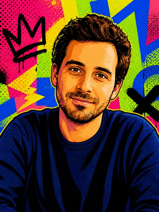 Create a vibrant street art inspired pop art illustration of the person in this photo. Use bold black outlines and flat, high saturation coloring with bright clashing colors like magenta, lime, and electric blue. Add a halftone dot texture and loose geometric shapes in the background. Keep the face stylized but clearly recognizable with confident shading. Render the hair with bold strokes. Preserve the original pose and outfit. Energetic urban pop art style, flat 2D art. Use aspect ratio 3:4.