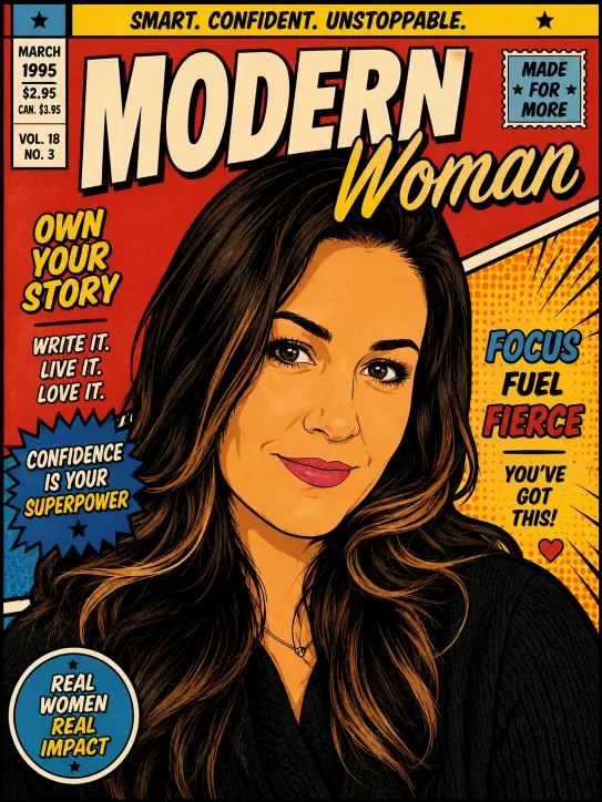 Create a retro pop art magazine cover illustration of the person in this photo. Use clean black comic outlines and flat bold coloring against a structured background with red, yellow, and blue color blocks. Add a halftone dot pattern in one section and keep the overall layout balanced and graphic. Keep the face stylized and recognizable with smooth shading and detailed hair line work. Maintain the original pose and clothing. Polished vintage comic cover style, flat 2D illustration. Use aspect ratio 3:4.