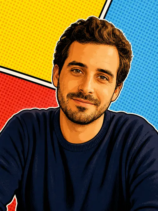 Create a cheerful pop art comic illustration of the person in this photo with a bright, sunny mood. Use bold black ink outlines and flat warm coloring with a halftone dot background in yellow, light blue, and red geometric blocks. Keep the smiling expression natural and stylized while preserving the likeness. Use warm skin tones with soft shading and detailed hair strokes. Maintain the same pose and outfit from the original photo. Upbeat retro comic style, flat 2D art. Use aspect ratio 3:4.