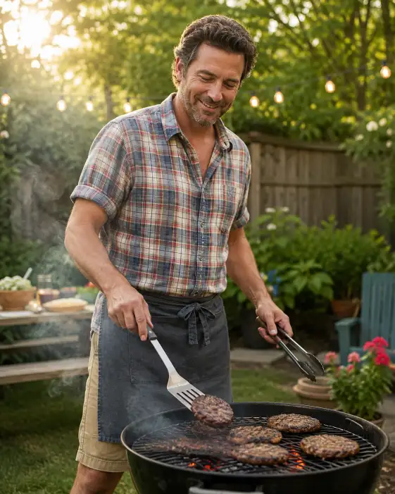 Create a photo of a man in his early 40s standing at a charcoal grill in a backyard, flipping a burger patty with a metal spatula in one hand and holding tongs in the other. He's wearing a relaxed short-sleeve plaid button-down with the sleeves rolled up, khaki shorts, and a simple apron tied at the waist. He has a warm, satisfied grin as smoke rises from the grill. Shoot at eye level with a shallow depth of field. The background shows a lush green backyard with a wooden fence, string lights overhead, and soft afternoon sunlight filtering through trees. Warm golden tones with a candid, lifestyle feel. Use aspect ratio 4:5.