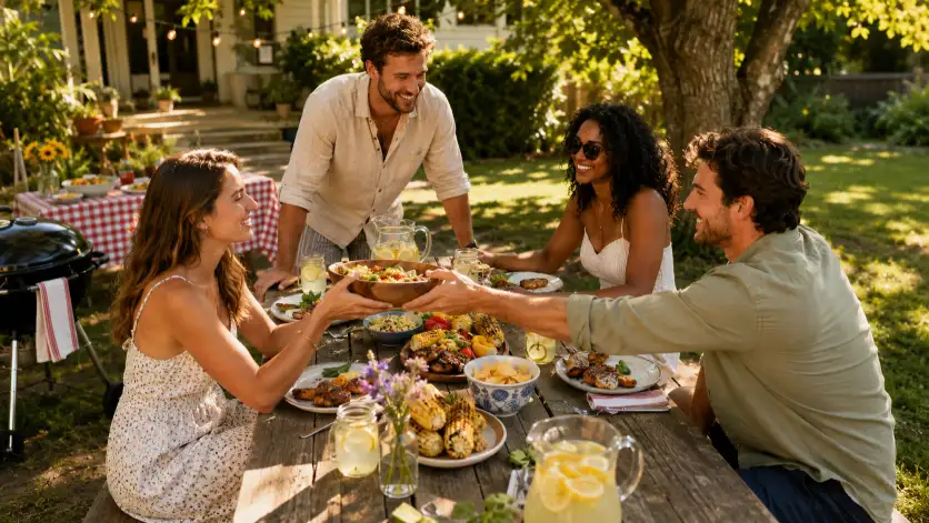 Create a photo of a group of four friends in their late 20s sitting and standing around a long wooden picnic table covered with plates of grilled food, corn on the cob, and pitchers of lemonade. They're laughing and passing dishes, dressed in casual summer outfits like linen shirts, sundresses, and denim shorts. The camera is positioned slightly above at a gentle angle to capture the full table. The background features a sunny backyard with a red-and-white checkered tablecloth, mason jar glasses, and trees casting dappled light. Bright, warm, and lively color grading with a natural candid mood. Use aspect ratio 16:9.