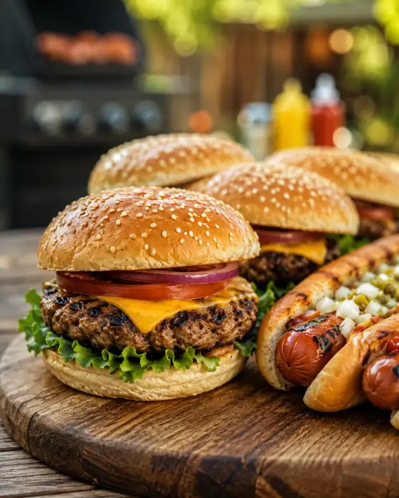 Create a close-up photo of a wooden serving board piled with juicy grilled burgers stacked with melted cheese, lettuce, and tomato, alongside grilled hot dogs in toasted buns. Sesame seed buns glisten slightly and grill marks are visible on the patties. The camera is angled at 45 degrees with a shallow depth of field focusing on the front burger. The background shows a softly blurred backyard grill scene with warm bokeh. Natural daylight with rich, appetizing warm tones. Lifestyle food photography style. Use aspect ratio 4:5.