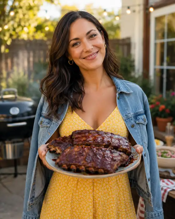 Create a photo of a woman in her early 30s standing in a backyard holding a plate of glazed BBQ ribs, smiling proudly toward the camera. She's wearing a yellow sundress with a denim jacket draped over her shoulders and small gold hoop earrings. Her hair is in loose natural waves. Shoot at eye level with a shallow depth of field. The background features a backyard patio with a grill, hanging string lights, and warm late-afternoon sun. Soft golden lighting with a fresh, cheerful color palette. Use aspect ratio 4:5.