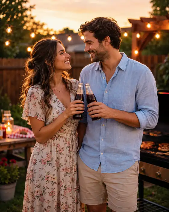 Create a photo of a couple standing close together in a backyard, clinking ice-cold glass bottles of soda with relaxed smiles. The woman is wearing a flowy floral midi dress and the man is in a light blue linen shirt with rolled sleeves and beige shorts. They're looking at each other warmly. Shoot at eye level with a shallow depth of field. The background shows a backyard at golden hour with string lights glowing softly, a wooden fence, and a blurred grill scene. Warm romantic tones with cinematic color grading. Use aspect ratio 4:5.