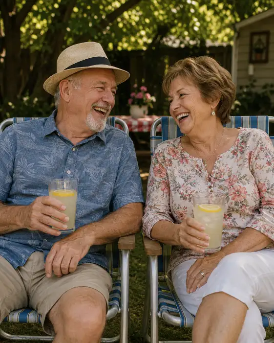 Create a photo of an older couple in their 60s sitting side by side in striped folding lawn chairs in a backyard, both holding lemonade glasses and laughing together. The man is wearing a short-sleeve button-down and a sun hat, and the woman is in a comfortable floral blouse and capris. The camera is at eye level, slightly tight framing from the waist up. The background features a shaded backyard with green trees, a picnic table, and soft afternoon light. Warm, gentle tones with a cozy, heartfelt mood. Use aspect ratio 4:5.