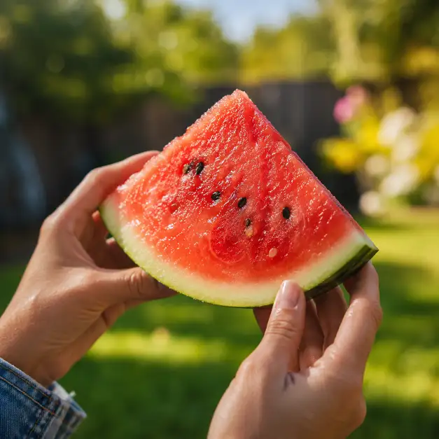 Create a close-up photo of two hands holding a fresh triangular slice of watermelon with juice glistening on the surface, captured outdoors. The person is wearing a casual denim sleeve visible at the edge of the frame. The camera is angled at 45 degrees with a shallow depth of field on the watermelon. The background is a softly blurred sunny backyard with green grass and warm bokeh. Bright, vibrant summer colors with crisp natural daylight. Refreshing lifestyle aesthetic. Use aspect ratio 1:1.