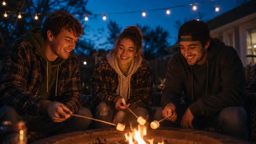 Create a photo of three friends in their 20s sitting around a backyard fire pit at dusk, each holding a long skewer with a marshmallow over the flames, smiling and leaning in. They're wearing casual layers like hoodies, flannel shirts, and jeans against the cooler evening air. The camera is at eye level, slightly close to capture their faces lit by the warm firelight. The background shows a dim backyard with string lights overhead and a deep blue twilight sky. Warm orange firelight glow against cool blue tones with a cozy, intimate mood. Use aspect ratio 16:9.