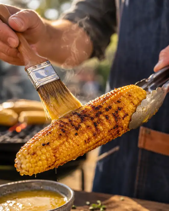 Create a close-up photo of hands brushing melted butter onto a freshly grilled ear of corn held with tongs, with grill marks and steam visible. The person is wearing a casual apron, visible at the frame edge. The camera is angled close with a shallow depth of field on the corn. The background shows a blurred outdoor grill with warm bokeh and soft daylight. Rich, appetizing warm tones with a clean food photography style. Use aspect ratio 4:5.