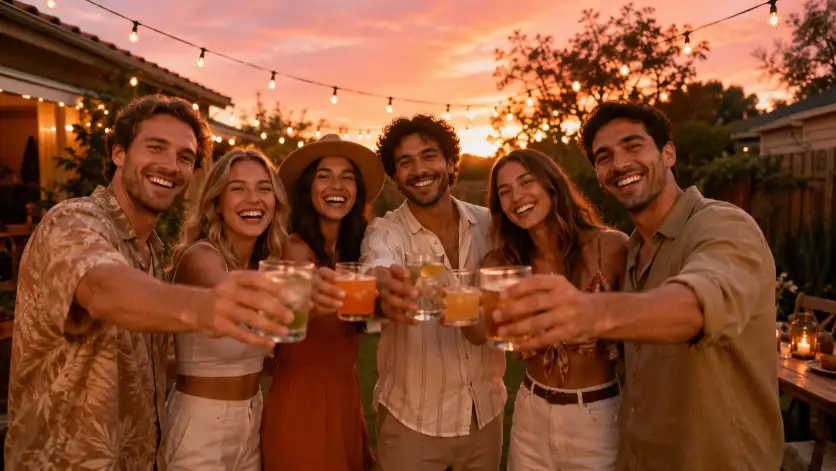 Create a photo of a group of six friends standing together in a backyard at sunset, all raising their drinks toward the camera with big smiles in a cheerful toast. They're dressed in relaxed summer outfits in warm earthy tones. The camera is at eye level with slightly wide framing to capture the whole group. The background features a backyard glowing with golden-hour light, string lights strung overhead, and a soft pink-and-orange sky. Warm, luminous tones with a joyful, cinematic mood. Use aspect ratio 16:9.