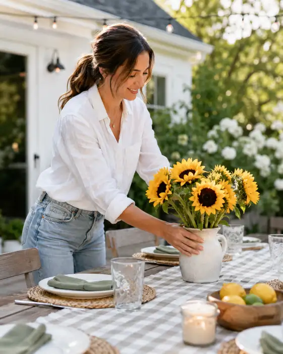 Create a photo of a woman in her late 20s arranging a vase of bright sunflowers on an outdoor table set with plates, glasses, and a checkered runner. She's wearing a white linen blouse and light-wash jeans with her hair tied back loosely. The camera is at a slight angle capturing her and the table setup with a shallow depth of field. The background shows a sunny backyard patio with greenery and warm afternoon light. Soft, fresh tones with a clean, welcoming lifestyle aesthetic. Use aspect ratio 4:5.