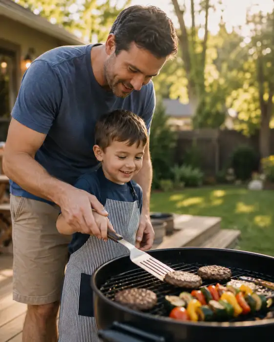 Create a photo of a father and his young son standing together at a backyard grill, the father guiding the boy's hand as they flip food with a spatula. The father is wearing a casual t-shirt and shorts, and the son is in a small matching apron with a big curious smile. Shoot at eye level with a shallow depth of field. The background shows a backyard with a wooden deck, green lawn, and warm late-afternoon sunlight. Gentle, warm tones with a candid, tender family mood. Use aspect ratio 4:5.