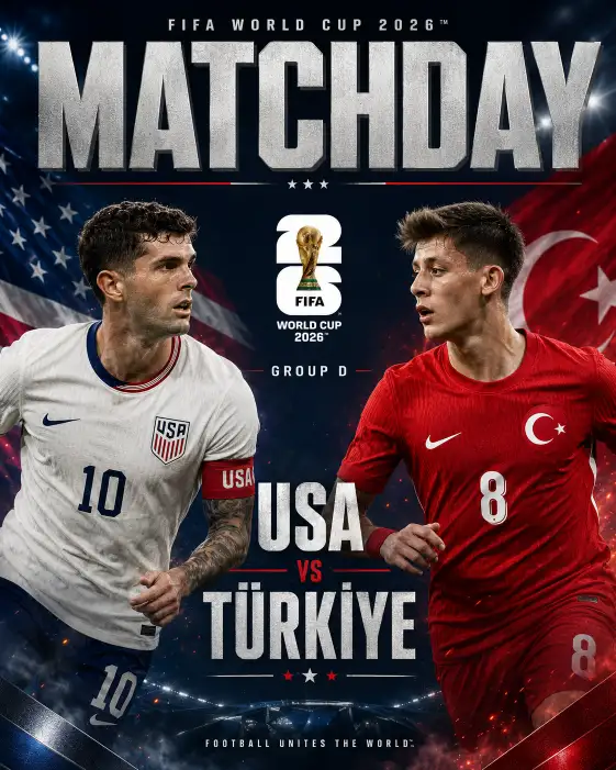 Create a premium FIFA World Cup 2026 matchday poster for the Group D fixture between USA and Türkiye on June 25, 2026. Use the official FIFA World Cup 2026 logo. Feature Christian Pulisic representing USA and Arda Güler representing Türkiye in dramatic action poses facing each other. Use a sleek navy, white and red color palette inspired by both nations. Add large "MATCHDAY" typography at the top, bold "USA vs TÜRKİYE" in the center, premium stadium lighting, subtle smoke, metallic textures, dynamic lighting, floating particles, clean editorial typography and luxury football branding suitable for an official social media post. Strict Accuracy Rule: Use only verified FIFA World Cup 2026 information. Do not invent player statistics, lineups, venues, kick-off times, rankings, records, injuries, quotes or match details. Only include information that has been officially confirmed. If a detail cannot be verified, omit it rather than making it up. Use the official FIFA World Cup 2026 logo. Aspect ratio 4:5.