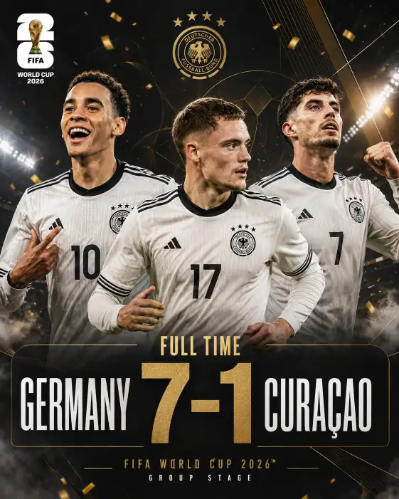 Create a premium editorial football poster inspired by Germany's verified 7-1 FIFA World Cup 2026 group stage victory over Curaçao. Use the official FIFA World Cup 2026 logo. Feature Jamal Musiala, Florian Wirtz and Kai Havertz in dynamic action and celebration poses wearing Germany's official kit. Display the verified final score "GERMANY 7-1 CURAÇAO" using bold modern typography. Use an elegant black, white and gold color palette with premium stadium lighting, cinematic atmosphere, subtle confetti, metallic textures, geometric football graphics, soft smoke effects and luxury sports branding. Keep the composition clean, modern and suitable for an official football social media post. Focus entirely on the German team and avoid depicting the opposing players. Strict Accuracy Rule: Use only verified FIFA World Cup 2026 information. Do not invent goalscorers, assists, statistics, player ratings, awards, attendance figures, match events or any other details. Only include information that has been officially confirmed. If a detail cannot be verified, omit it. Use the official FIFA World Cup 2026 logo. Aspect ratio 4:5.