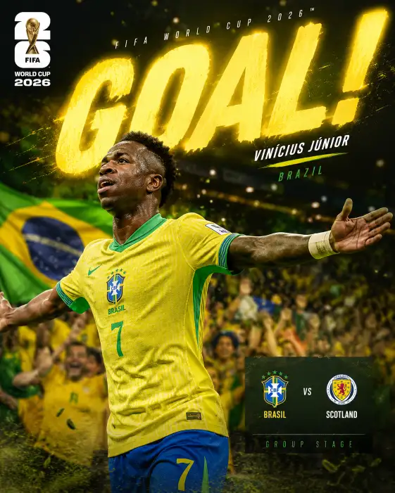 Create a dramatic FIFA World Cup 2026 goal celebration poster showing Vinícius Júnior celebrating after scoring against Scotland during Brazil's 3-0 group stage victory. Use the official FIFA World Cup 2026 logo. Show Vinícius with arms outstretched while Brazilian supporters celebrate behind him. Include glowing "GOAL!" typography, green and yellow lighting effects, flying grass particles, motion blur, premium sports magazine styling, cinematic stadium atmosphere and sleek editorial composition. Strict Accuracy Rule: Only depict verified goals and verified goalscorers from FIFA World Cup 2026. Never invent goal timings, celebrations, statistics, scorelines or commentary. If any information cannot be confirmed, leave it out. Use the official FIFA World Cup 2026 logo. Aspect ratio 4:5.