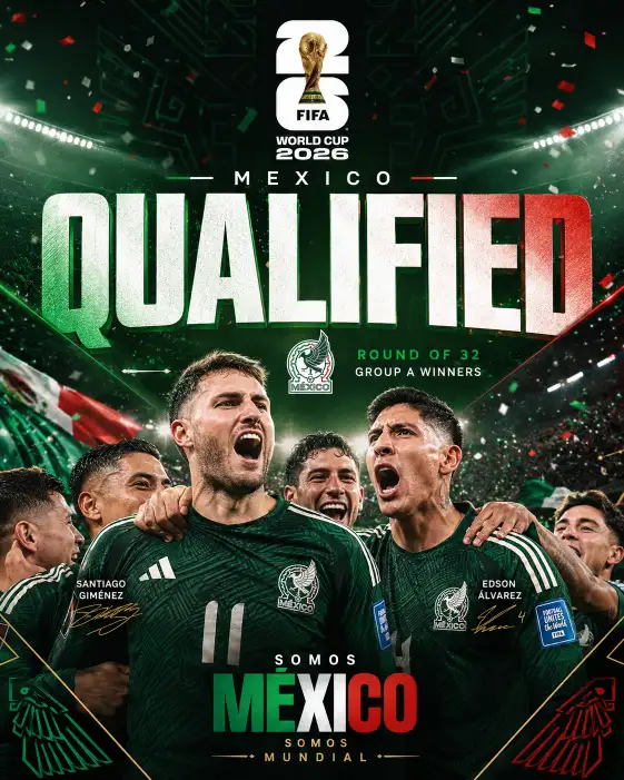 Create a brand new premium FIFA World Cup 2026 qualification poster celebrating Mexico advancing to the Round of 32 after winning Group A. Use the official FIFA World Cup 2026 logo. Feature Santiago Giménez and Edson Álvarez celebrating with teammates. Display bold "QUALIFIED" typography with premium green, white and red colors, glowing stadium lighting, confetti, luxury football branding, elegant editorial design and modern geometric elements. Strict Accuracy Rule: Only create this poster if qualification has been officially confirmed. Do not invent qualification scenarios, standings, points, records or tournament achievements. Use only verified FIFA World Cup 2026 information. Use the official FIFA World Cup 2026 logo. Aspect ratio 4:5.