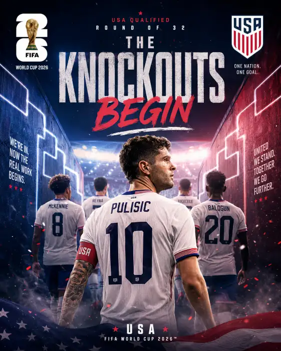 Design a cinematic FIFA World Cup 2026 Round of 32 poster featuring the USA after officially qualifying for the knockout stage. Use the official FIFA World Cup 2026 logo. Feature Christian Pulisic walking through a dramatic illuminated stadium tunnel with teammates behind him. Add bold "THE KNOCKOUTS BEGIN" typography, glowing tournament bracket elements, cinematic lighting, floating particles and premium editorial football styling. Strict Accuracy Rule: Only create this poster after official qualification has been confirmed. Do not invent opponents, bracket positions, kick-off times, venues or future match details. Use only verified FIFA World Cup 2026 information. Use the official FIFA World Cup 2026 logo. Aspect ratio 4:5.