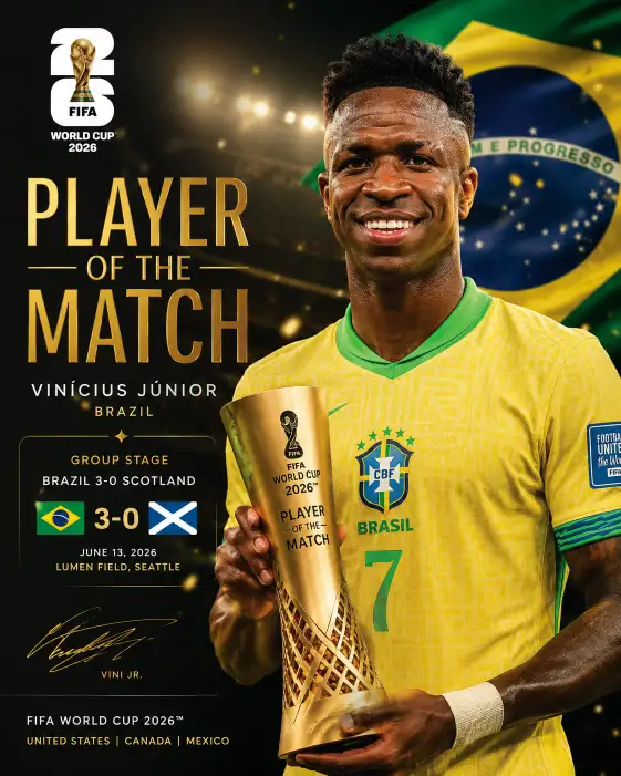 Create an elegant FIFA World Cup 2026 Player of the Match poster featuring Vinícius Júnior after Brazil's 3-0 victory over Scotland. Use the official FIFA World Cup 2026 logo. Show him holding the Player of the Match award with premium portrait composition, subtle gold lighting, floating verified match details, Brazilian flag elements, luxury editorial typography and soft stadium bokeh. Strict Accuracy Rule: Only create this poster if the named player officially received the award. Never invent Player of the Match awards, statistics or achievements. Use only verified FIFA World Cup 2026 information. Use the official FIFA World Cup 2026 logo. Aspect ratio 4:5.