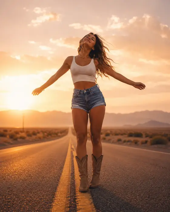 Create a photo of a young woman standing in the middle of an empty desert highway at golden hour, arms slightly raised and head tilted back as if soaking in the sun. She is wearing high-waisted denim shorts, a white cropped tank top, and tan cowboy boots with a thin gold chain necklace. Her hair is loose and slightly windblown. The long straight road stretches behind her toward distant mountains under a warm glowing sky. The camera is positioned low to the ground, shooting straight down the center of the road for a strong vanishing point. Warm amber and peach tones fill the frame with natural sun flare. Shot with a 35mm lens, shallow depth of field. Use aspect ratio 4:5.