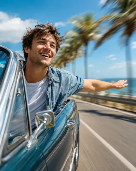 Create a photo of a young man leaning out of the passenger window of a vintage convertible, one arm stretched out riding the wind with his hand flat against the air. He is wearing a faded blue short-sleeve button-up shirt left open over a plain white tee, with aviator sunglasses pushed up on his head. His expression is relaxed and joyful with a slight laugh. The background shows a blurred coastal highway with palm trees whipping past and a bright blue sky. The camera is positioned from the side of the car at door height with slight motion blur in the background. Bright, sunny, vibrant tones. Shot with a 50mm lens, fast shutter. Use aspect ratio 4:5.