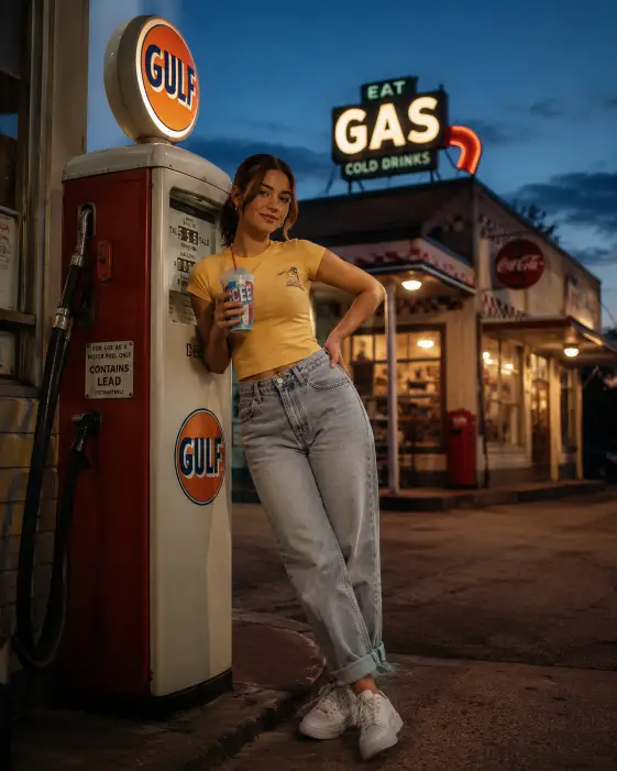 Create a photo of a young woman leaning against a fuel pump at a retro roadside gas station in the early evening, holding a slushie in one hand with the other resting on her hip. She is wearing light-wash mom jeans, a fitted yellow baby tee, and white sneakers with small hoop earrings. Her posture is relaxed and casual with a soft smile. The background features a vintage gas station with glowing signage, an old Americana aesthetic, and a deep blue dusk sky behind it. The camera is at eye level, slightly off-center. Warm artificial light mixes with cool evening tones for a nostalgic feel. Shot with a 35mm lens, cinematic color grading. Use aspect ratio 4:5.