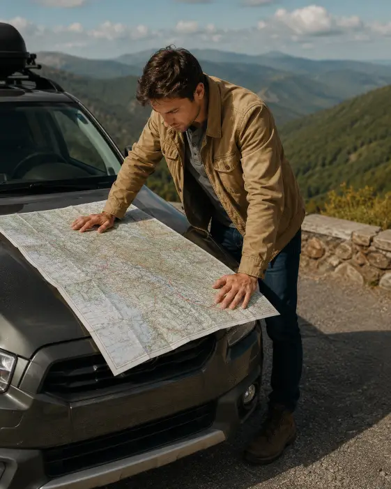 Create a photo of a young man standing in front of a parked SUV with a large paper road map spread open across the hood, leaning over it with both hands planted on the metal as he studies the route. He is wearing a tan utility jacket over a gray henley, dark slim jeans, and brown hiking boots. His expression is focused and thoughtful. The background shows a scenic mountain pullover with rolling green hills and a clear afternoon sky. The camera is positioned at a slight high angle looking down over his shoulder at the map. Soft natural daylight with warm earthy tones. Shot with a 50mm lens, medium depth of field. Use aspect ratio 4:5.