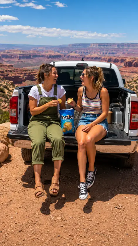 Create a photo of two friends sitting side by side on the open tailgate of a pickup truck parked at a scenic overlook, both laughing with their legs hanging down. One is wearing olive green overalls over a white tee with sandals, and the other is in denim shorts, a striped tank top, and canvas sneakers. They are sharing a bag of chips between them. The background is a sweeping canyon view with warm red rock formations under a bright midday sky. The camera is positioned slightly below and in front of them capturing the full scene. Bright, punchy, sun-drenched tones. Shot with a 28mm lens. Use aspect ratio 4:5.