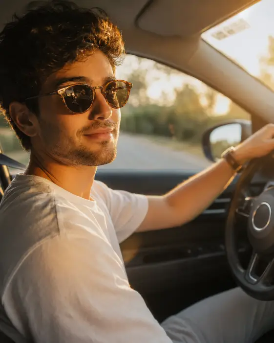 Create a photo of a young man in the driver's seat of a car with one hand on the wheel, glancing slightly toward the passenger with a calm smile. He is wearing a plain white t-shirt and brown round sunglasses, with a leather watch on his wrist. Warm golden sunlight streams across his face from the side window. The background through the windshield shows a blurred open road lined with trees. The camera is positioned from the passenger seat at eye level, capturing him in three-quarter profile. Warm, soft, glowing light with gentle shadows. Shot with a 35mm lens, shallow depth of field. Use aspect ratio 4:5.