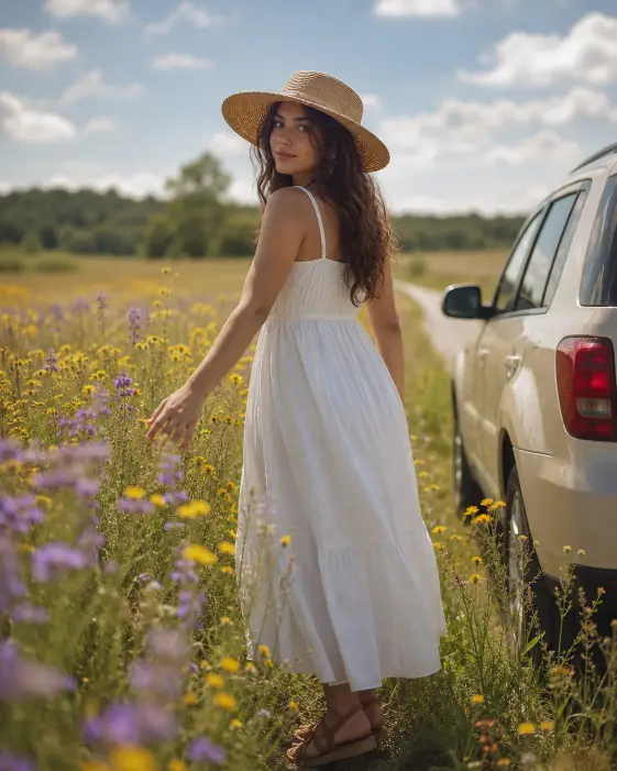 Create a photo of a young woman standing in a tall field of yellow and purple wildflowers beside a parked car on the roadside, arms gently brushing the tops of the flowers as she turns to look over her shoulder. She is wearing a flowing white cotton midi dress with brown leather sandals and a straw sun hat. Her hair falls loosely around her shoulders. The background shows the field stretching to a distant tree line under a soft blue sky with scattered clouds. The camera is at hip height, slightly tilted up. Warm, airy, dreamy daylight. Shot with an 85mm lens, creamy bokeh. Use aspect ratio 4:5.